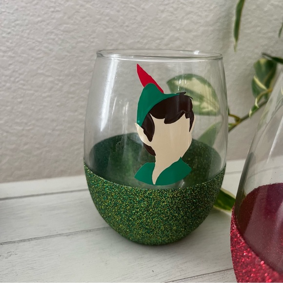 Disney Peter Pan Set of 5 Glitter Dipped Stemless Wine Glasses Handmade Gift - Picture 4 of 8